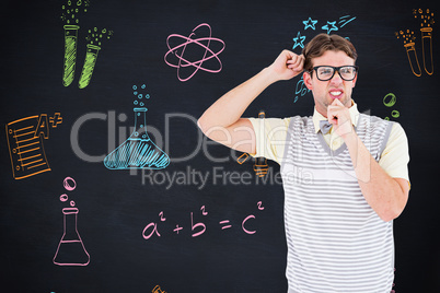 Composite image of geeky hipster thinking with hand on chin