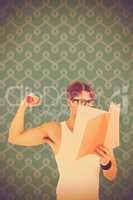 Composite image of geeky hipster lifting dumbbells and reading n
