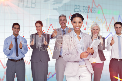 Composite image of happy business people looking at camera with