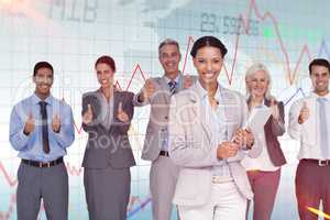 Composite image of happy business people looking at camera with