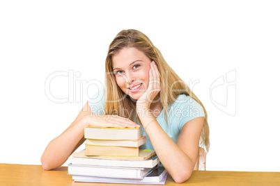 Composite image of portrait of female student in library