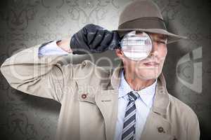 Composite image of spy looking through magnifier