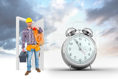 Composite image of handyman holding tool box and multimeter