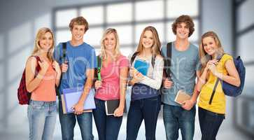 Composite image of smiling students wearing backpacks and holdin