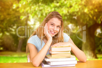 Composite image of portrait of female student in library