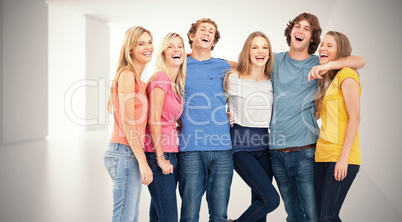 Composite image of full length of a group laughing together and