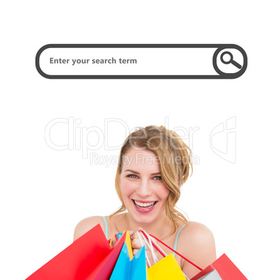 Composite image of portrait of a smiling woman with shopping bag