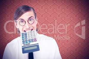 Composite image of geeky smiling businessman biting calculator