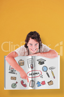 Composite image of young man showing a book