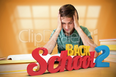 Composite image of student sitting in library reading