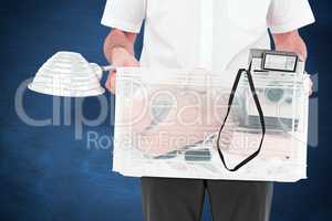 Composite image of businessman holding box of his things