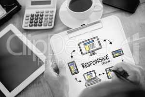 Composite image of man writing on clipboard on working desk