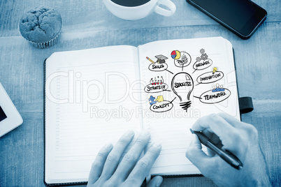 Composite image of man writing notes on diary