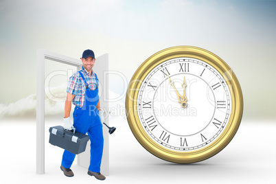 Composite image of happy plumber with plunger and toolbox walkin