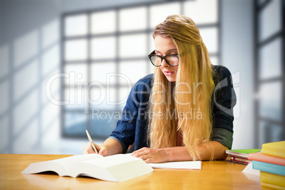 Composite image of student studying in the library