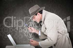 Composite image of spy looking through magnifier