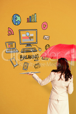 Composite image of businesswoman showing a book