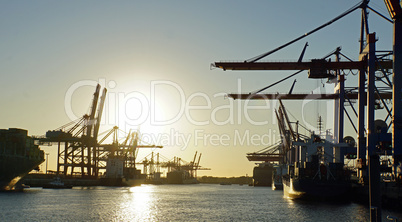 sunset in hamburg harbor