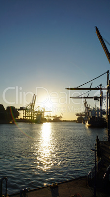 sunset in hamburg harbor