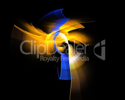Abstract fractal design. Yellow and blue curve on black.
