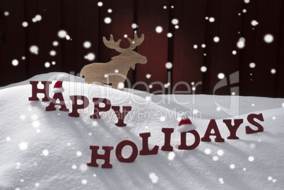 Happy Holidays Snow Snowflakes Moose Santa Hat