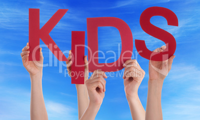 Many People Hands Holding Red Word Kids Blue Sky