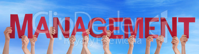 Many People Hands Holding Red Straight Word Management Blue Sky