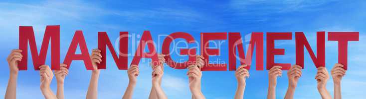 Many People Hands Holding Red Straight Word Management Blue Sky