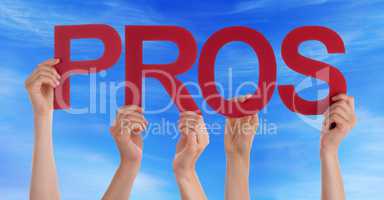 Many People Hands Holding Red Straight Word Pros Blue Sky