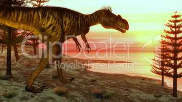 Megalosaurus dinosaur walking toward the ocean - 3D render