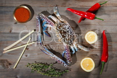 Raw blue crab and ingredients