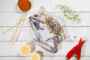 Top view raw blue crab and ingredients