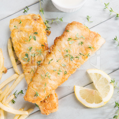 Overhead view fish and chips