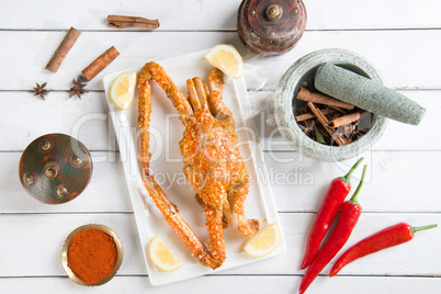 Cooked blue crab in hot and spicy sauce