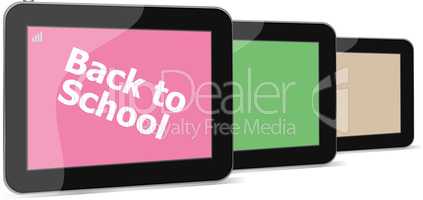 Tablet PC set with back to school word on it, isolated on white