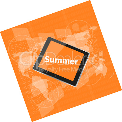 summer word on tablet pc screen, digital touch screen, holiday concept, summer card