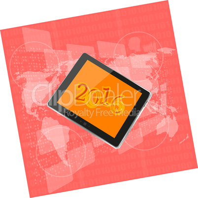 tablet pc or smart phone on business digital touch screen, world map, happy new year 2016 concept