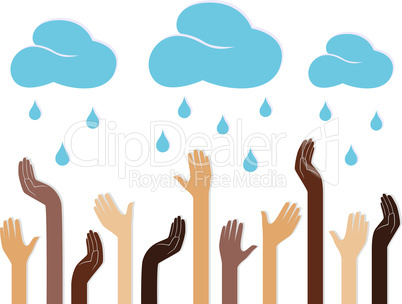 Human hands and raining clouds