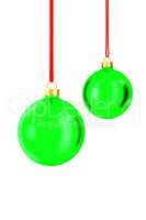 Two Christmas balls hanging on ribbon