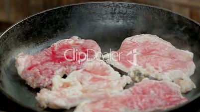 Frying the meat on a frying pan, HD, 1920х1080 static