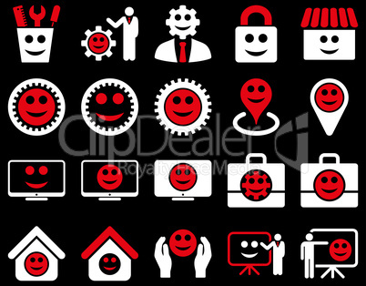 Tools, gears, smiles, management icons.