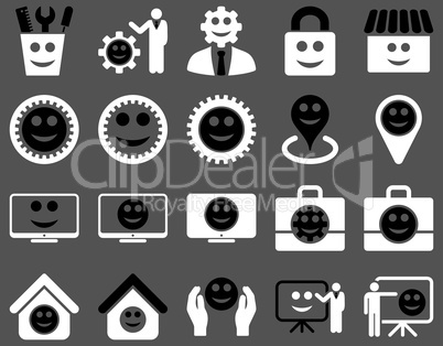 Tools, gears, smiles, management icons.