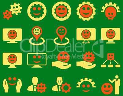 Tools, gears, smiles, map markers icons.