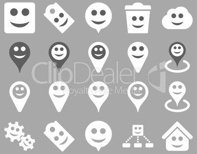 Tools, emotions, smiles, map markers icons