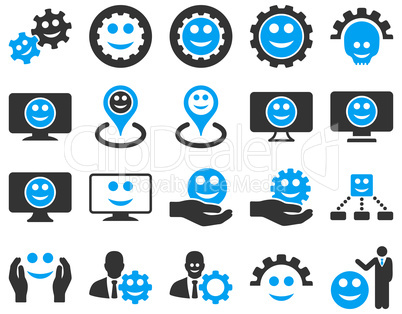 Tools, gears, smiles, map markers icons.