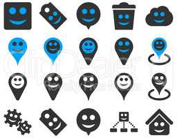 Tools, emotions, smiles, map markers icons