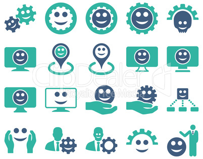 Tools, gears, smiles, map markers icons.