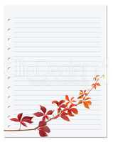 Notebook paper with autumn virginia creeper leaf