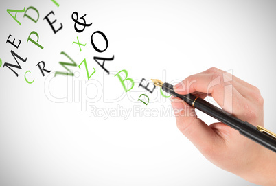 Composite image of businesswomans hand writing with fountain pen Composite image of businesswomans hand writing with fountain pen