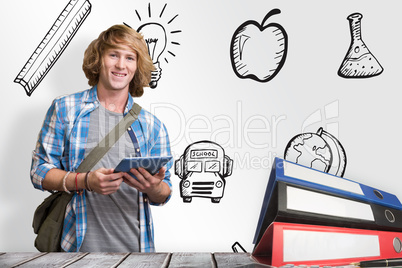 Composite image of student using tablet in library